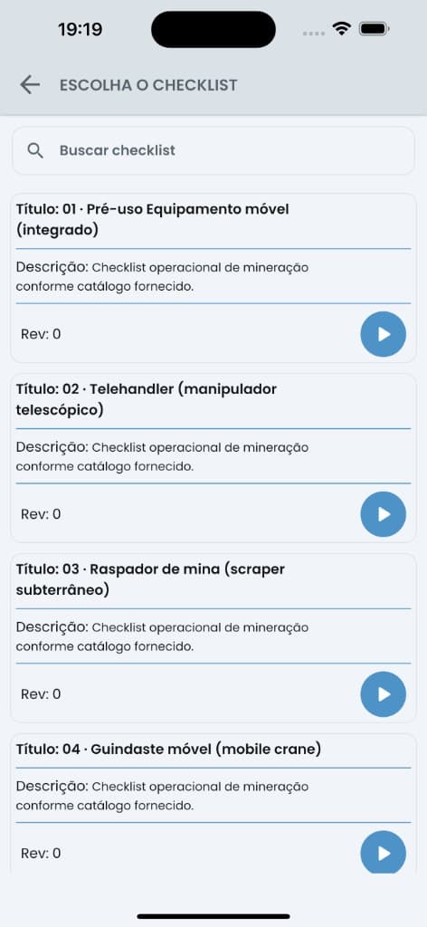 App SmartApp: lista de checklists de mineração com busca