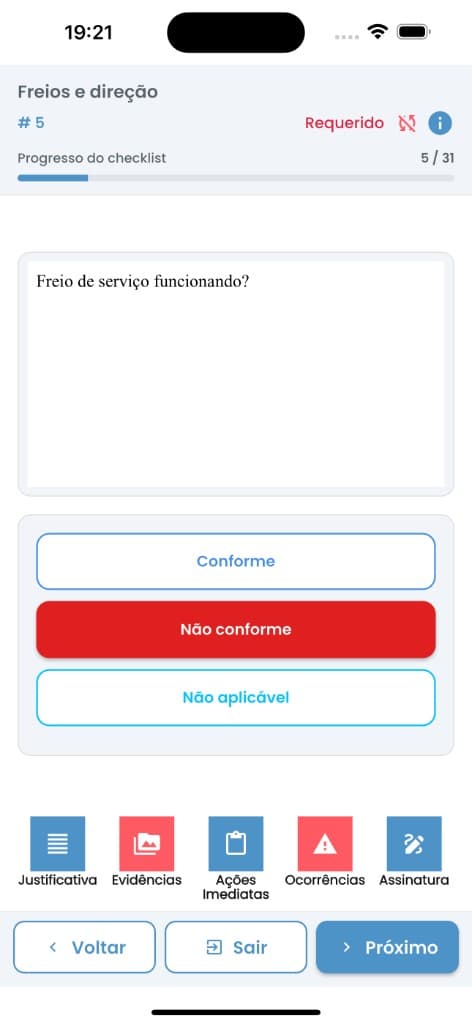 Pergunta “Freio de serviço funcionando?” respondida como Não conforme