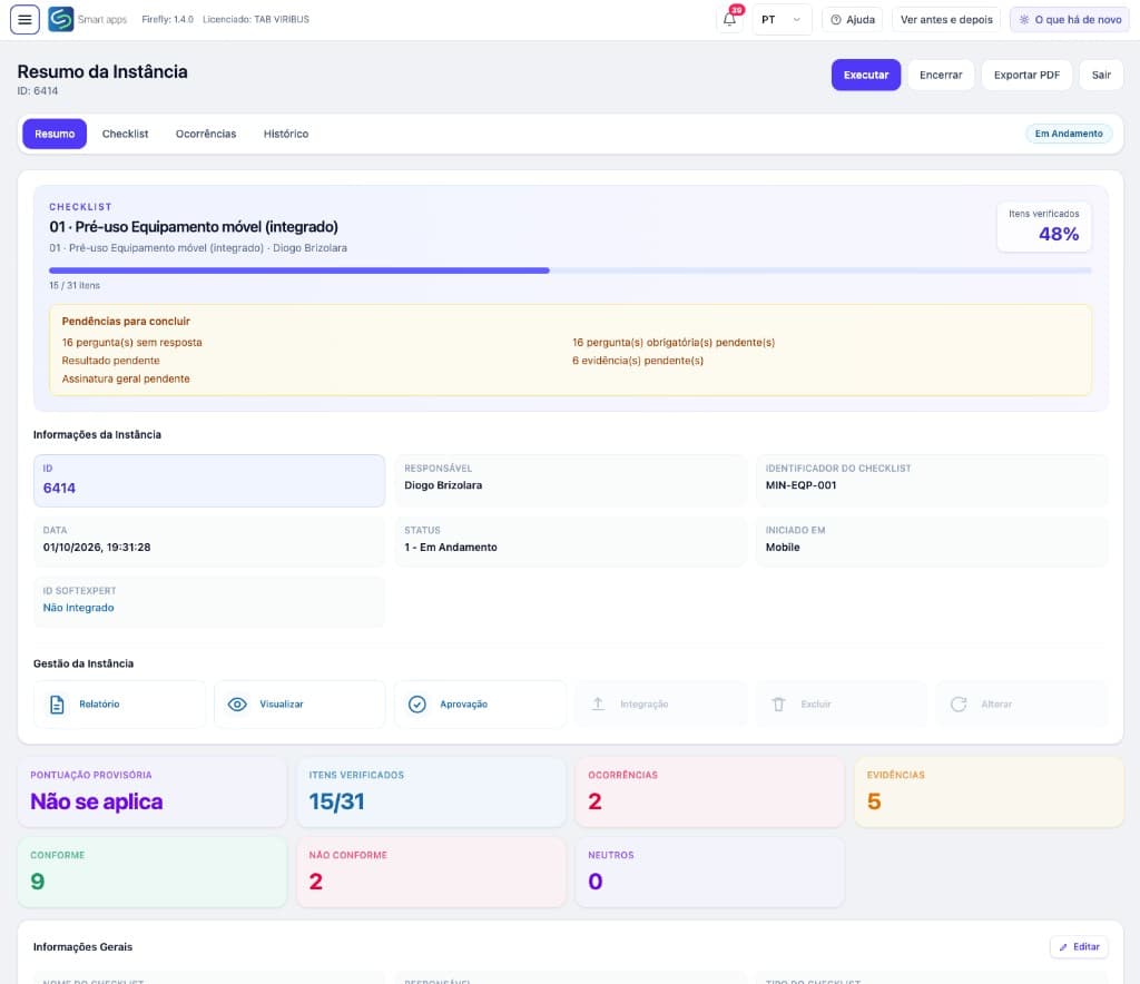 Resumo da instância na web com progresso, pendências e indicadores