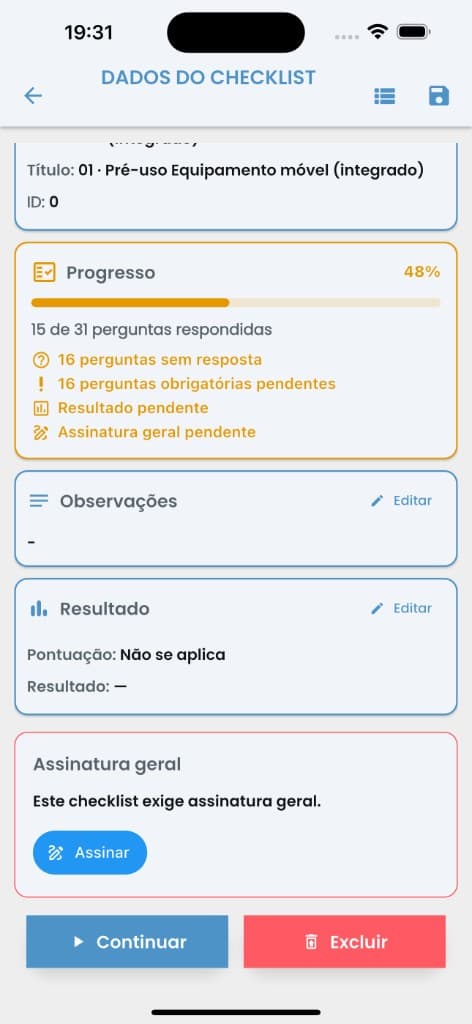 Resumo do checklist com progresso, pendências e assinatura geral