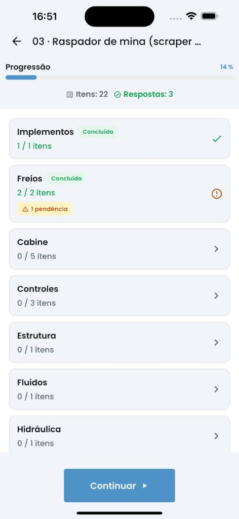 Checklist do raspador de mina dividido em seções, com progresso e pendência