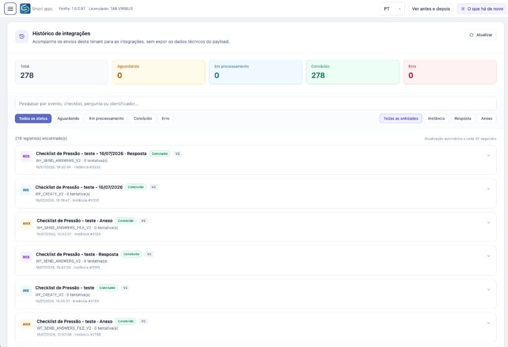 Histórico de integrações no Smart apps