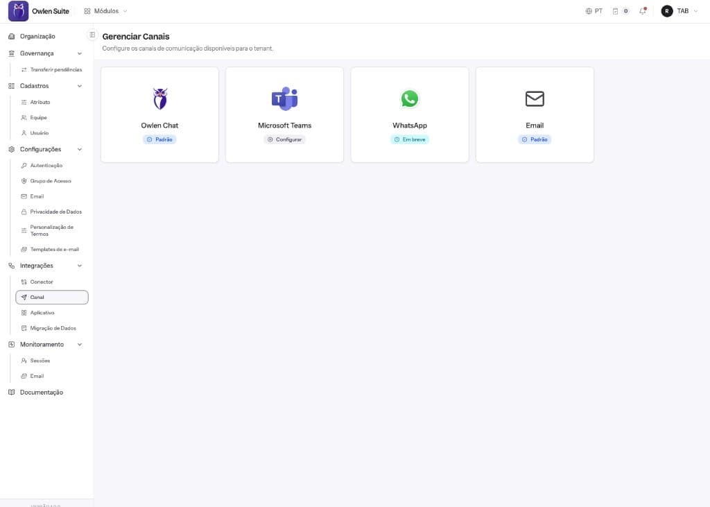 Tela de canais com Owlen Chat, Microsoft Teams, WhatsApp e Email.