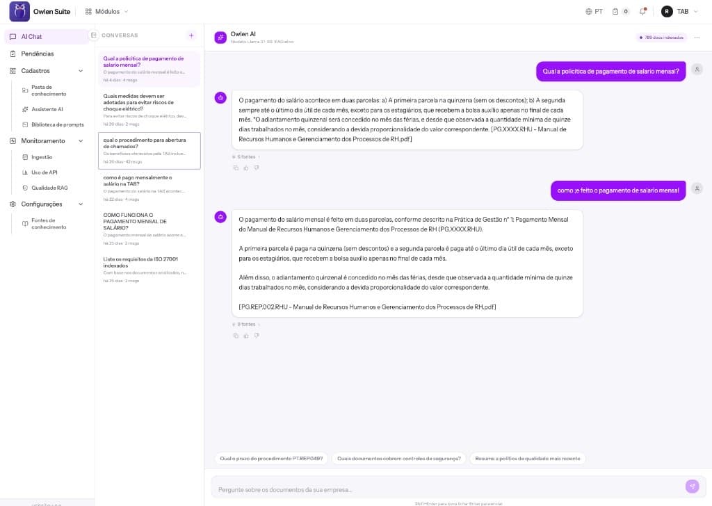 Owlen IA respondendo sobre a política de pagamento de salário, com a fonte do manual citada.