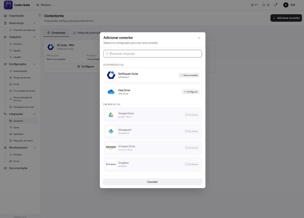 Tela de adicionar conector com SoftExpert Suite e OneDrive disponíveis e outras integrações em breve.