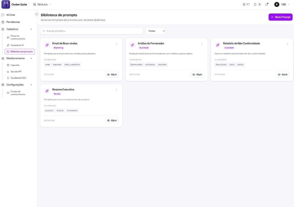 Biblioteca de prompts com templates de qualidade, marketing e gestão.